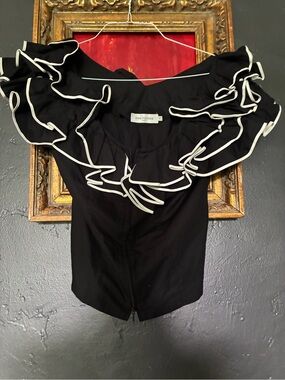 Anne Fontaine Black Ruffle Trim Women’s Top with White Piping